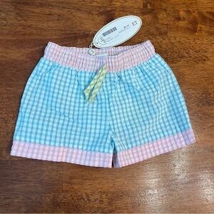 NWT lullaby set pink blue seersucker swim trunks boys size 2T 100% cotton